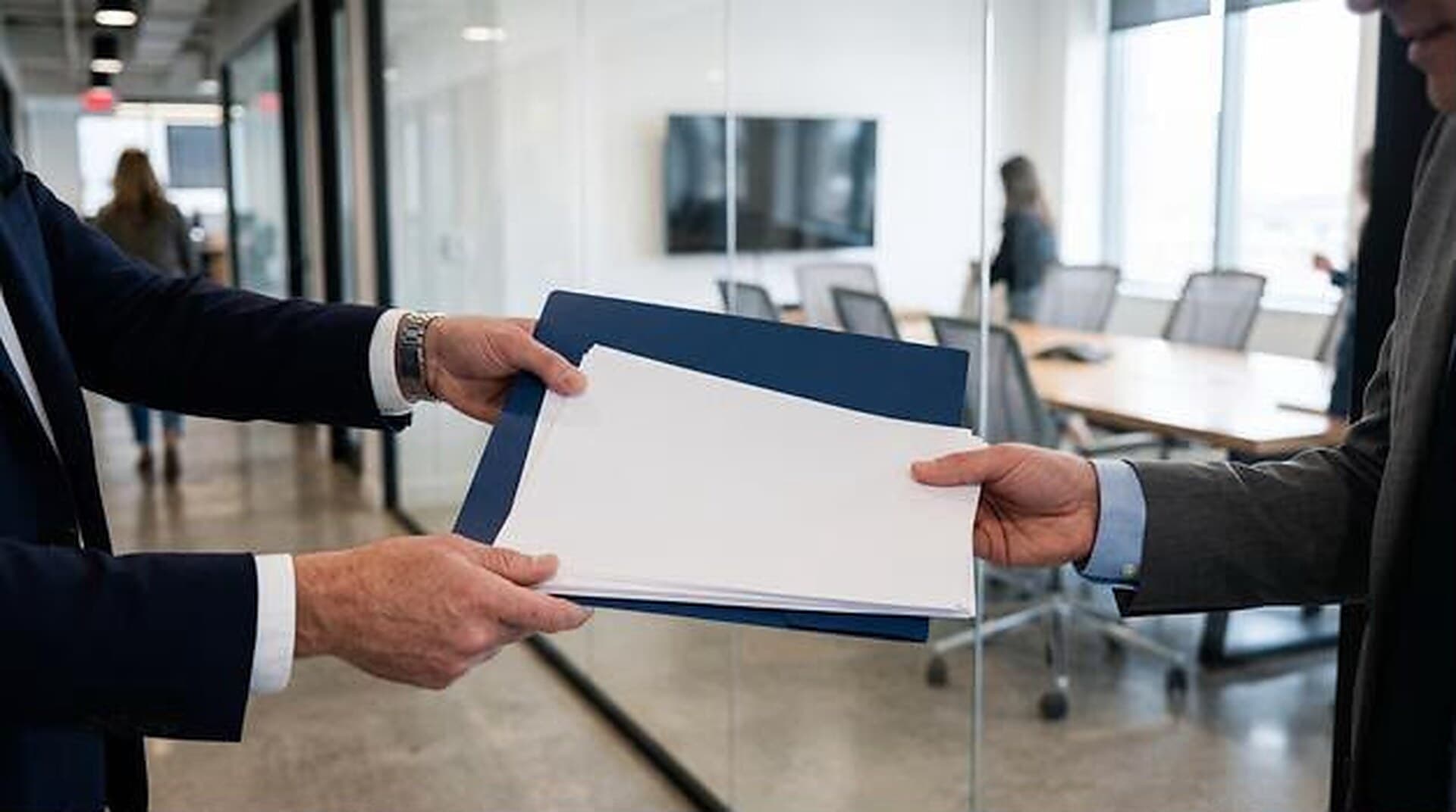 One professional handing a folder of legal documents to another in an office